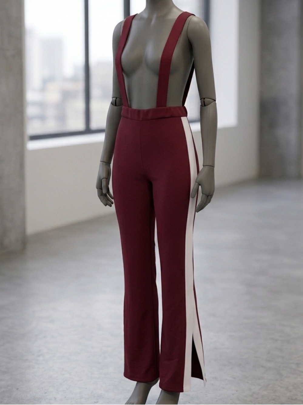 Burgundy Wide-Leg Suspender Pants with White Side Stripe
